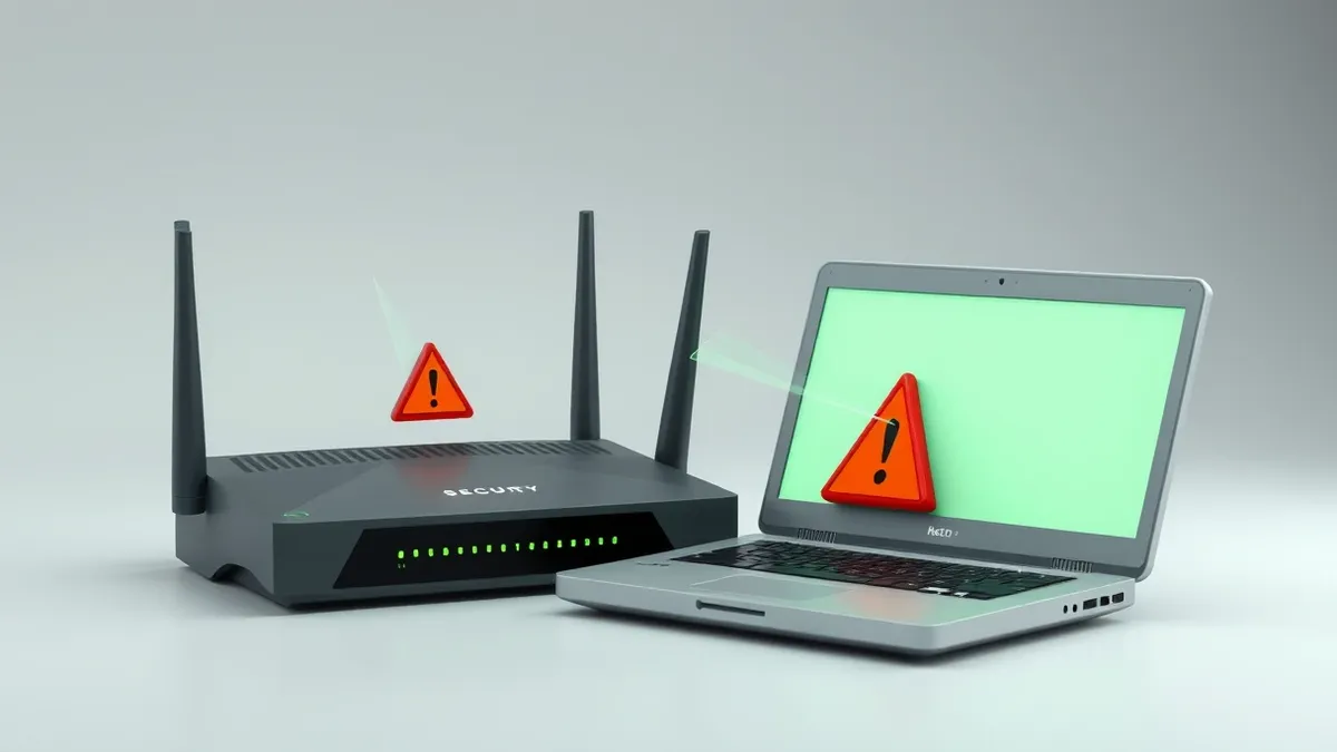 Illustration: A modern wireless router sits beside an obsolete laptop with a broken antenna.