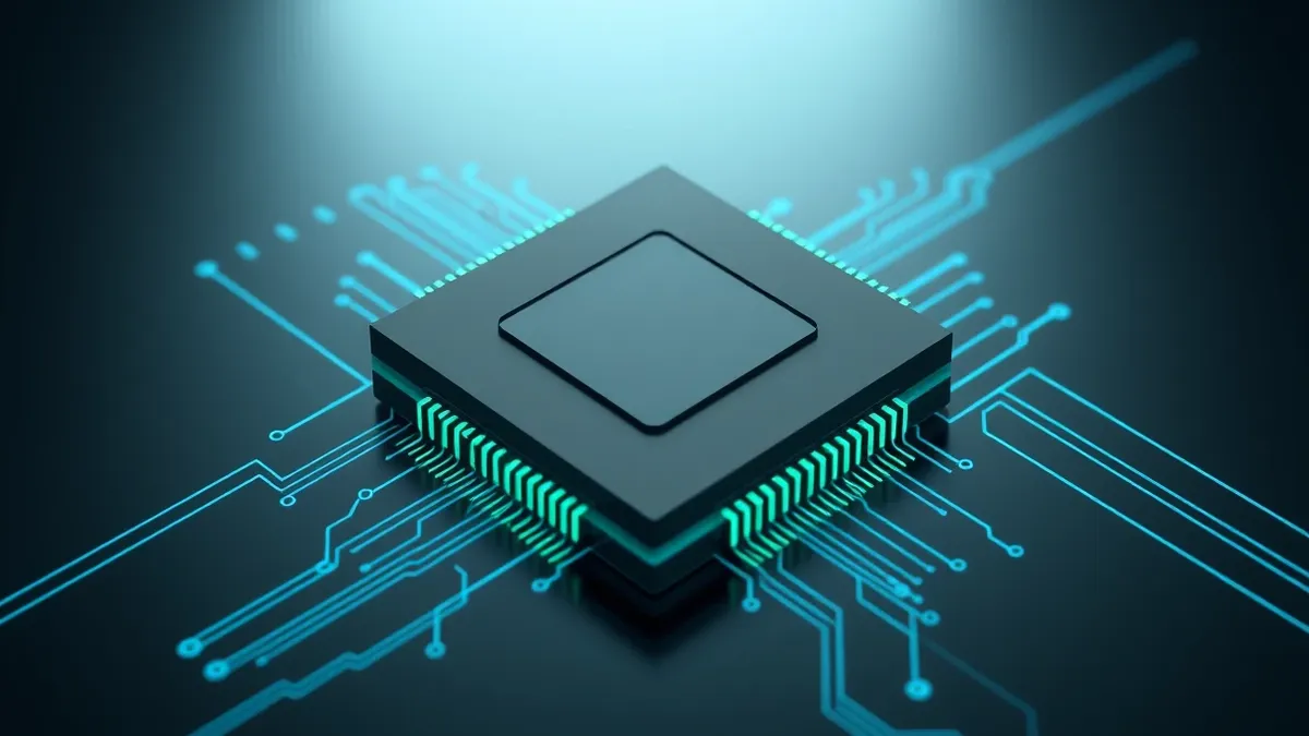 Illustration: A sleek black semiconductor chip rests on a dark reflective surface, surrounded by faint blue geometric circuit patterns.