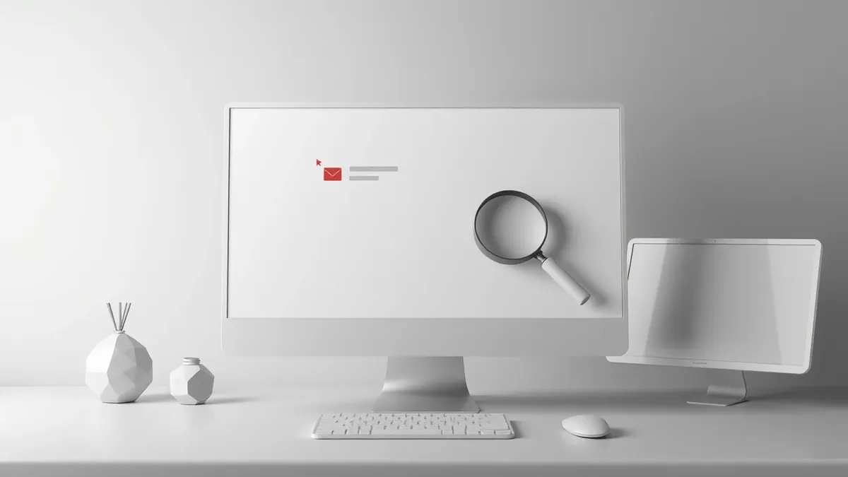 Illustration: A blank computer monitor displays a generic email interface with a single highlighted message.