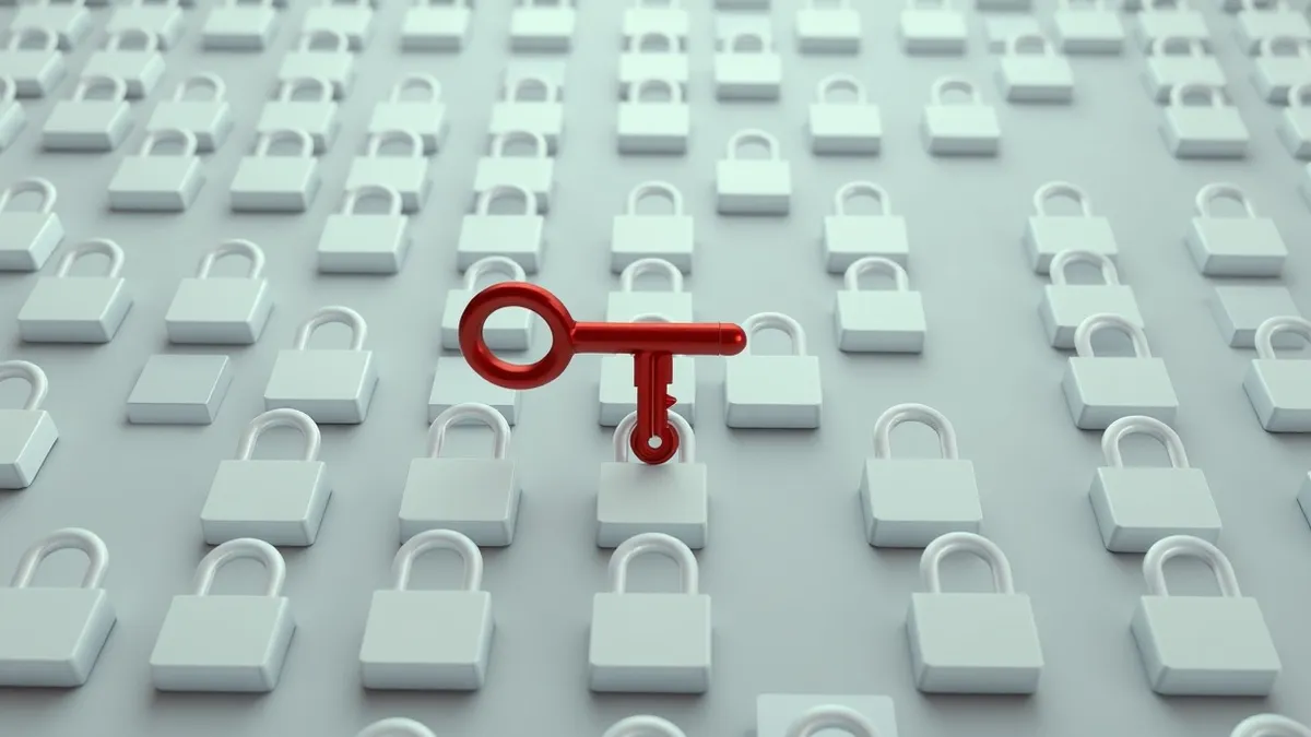 Illustration: A single red key floats above a grid of blank white lock icons.