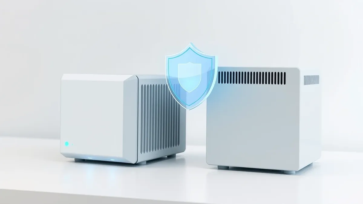 Illustration: Two sleek network appliances sit side by side on a clean white desk, one with a distinctive curved front panel and the other a rectangular box with subtle vents.