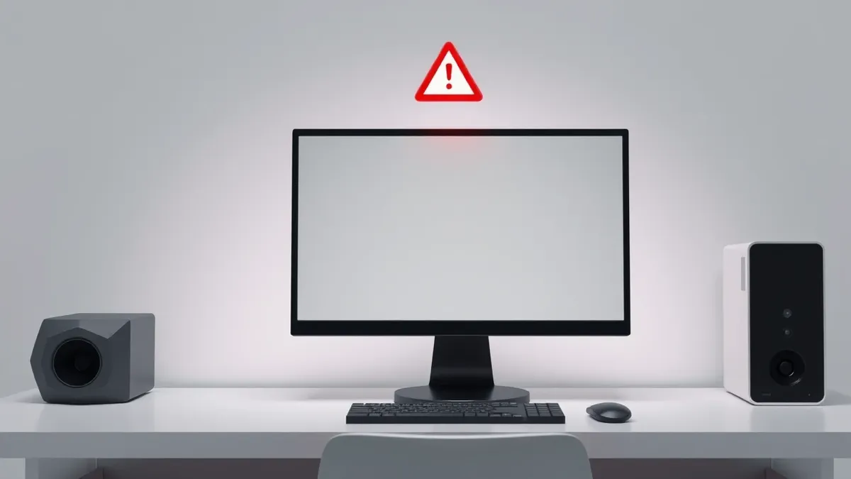 Illustration: A sleek black desktop computer sits on a clean white desk with its monitor displaying a blank screen.