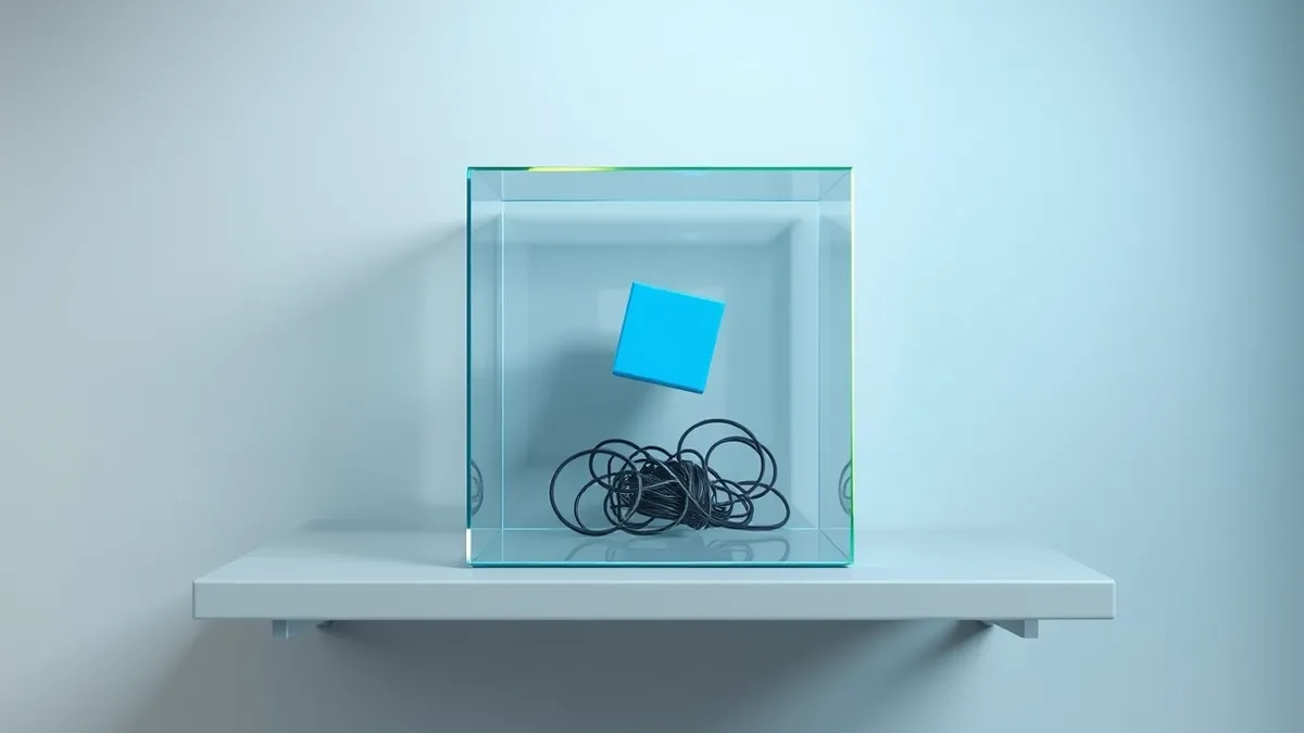Illustration: A transparent glass box sits on a grey metal shelf.