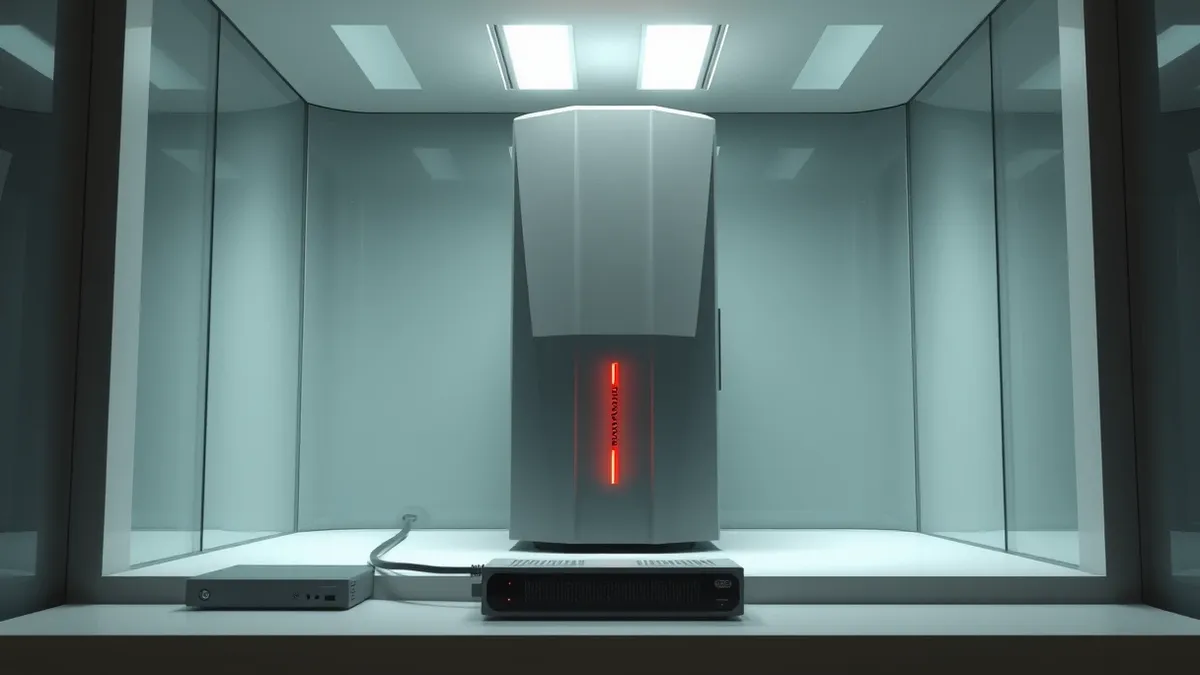 Illustration: A sleek server tower sits inside a secure, glass-walled room within a modern office building.