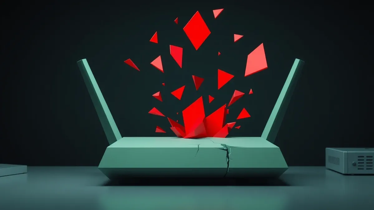 Illustration: A network router sits on a desk with a visible crack in its casing.