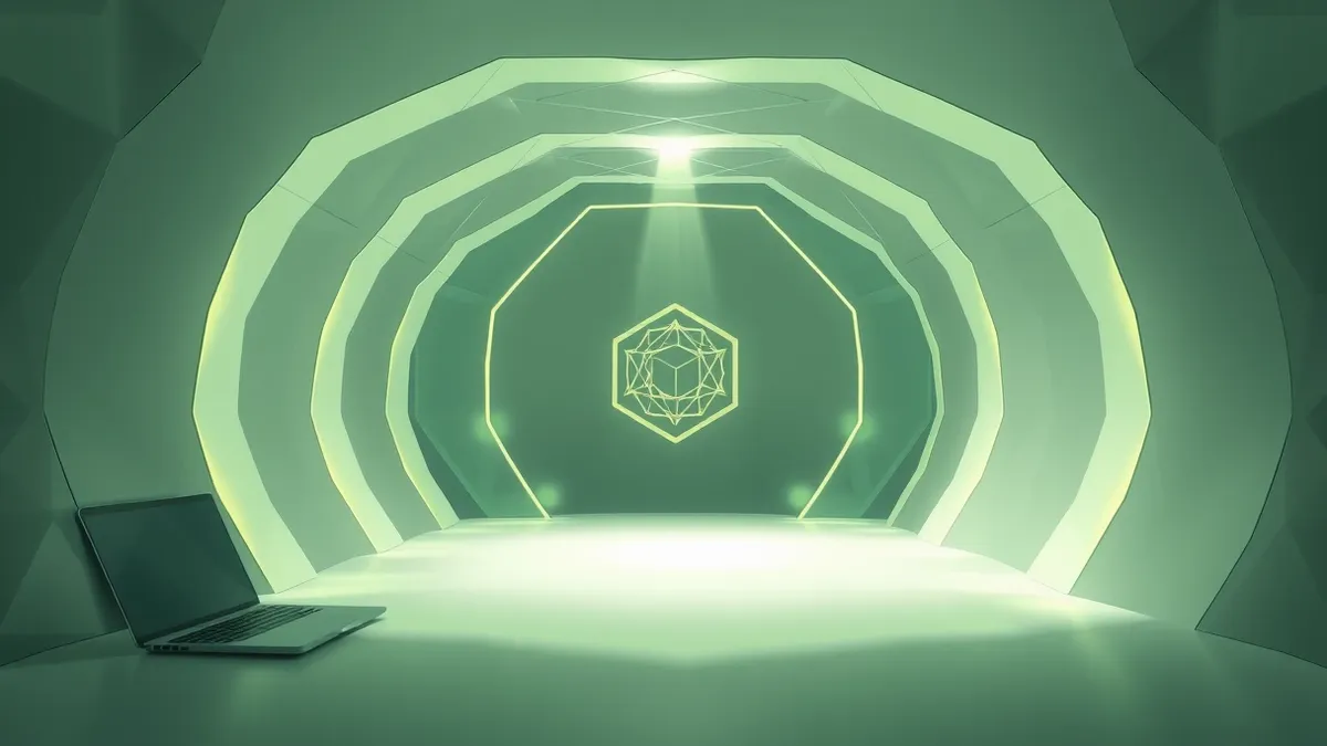 Illustration: A transparent glass tunnel channels light beams from a central node to a distant receiver, ensuring the path remains private and sealed.