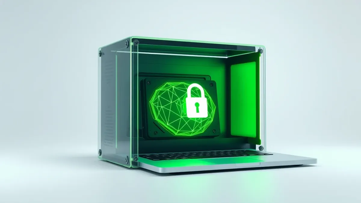 Illustration: A transparent computer case reveals a hard drive wrapped in glowing geometric patterns, symbolizing encrypted data.