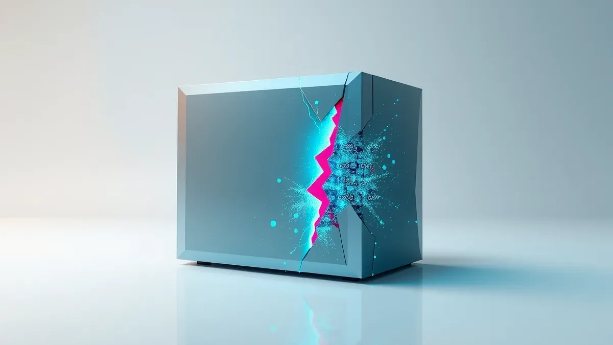 Illustration: A sleek metallic database server box sits isolated on a sterile white floor.