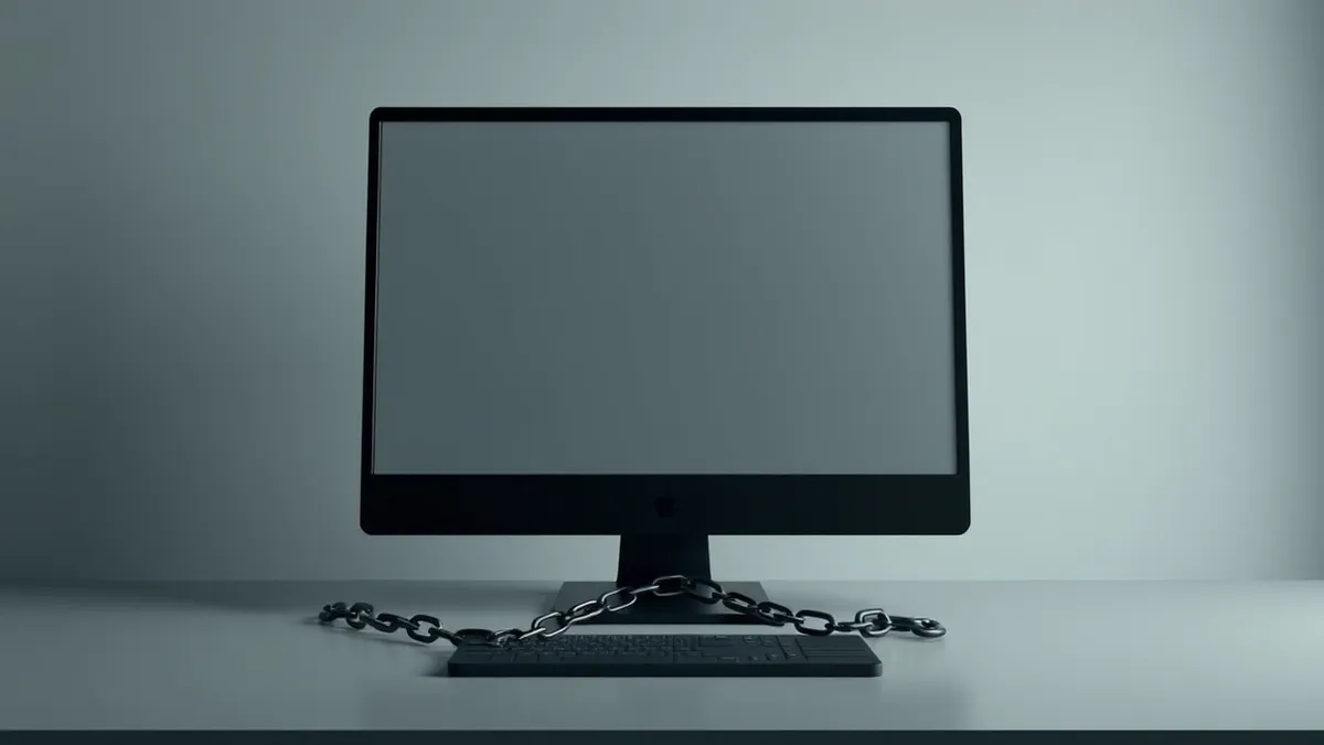 Illustration: A sleek black computer monitor sits on a minimalist desk, its screen displaying a flat grey rectangle that obscures all digital content.
