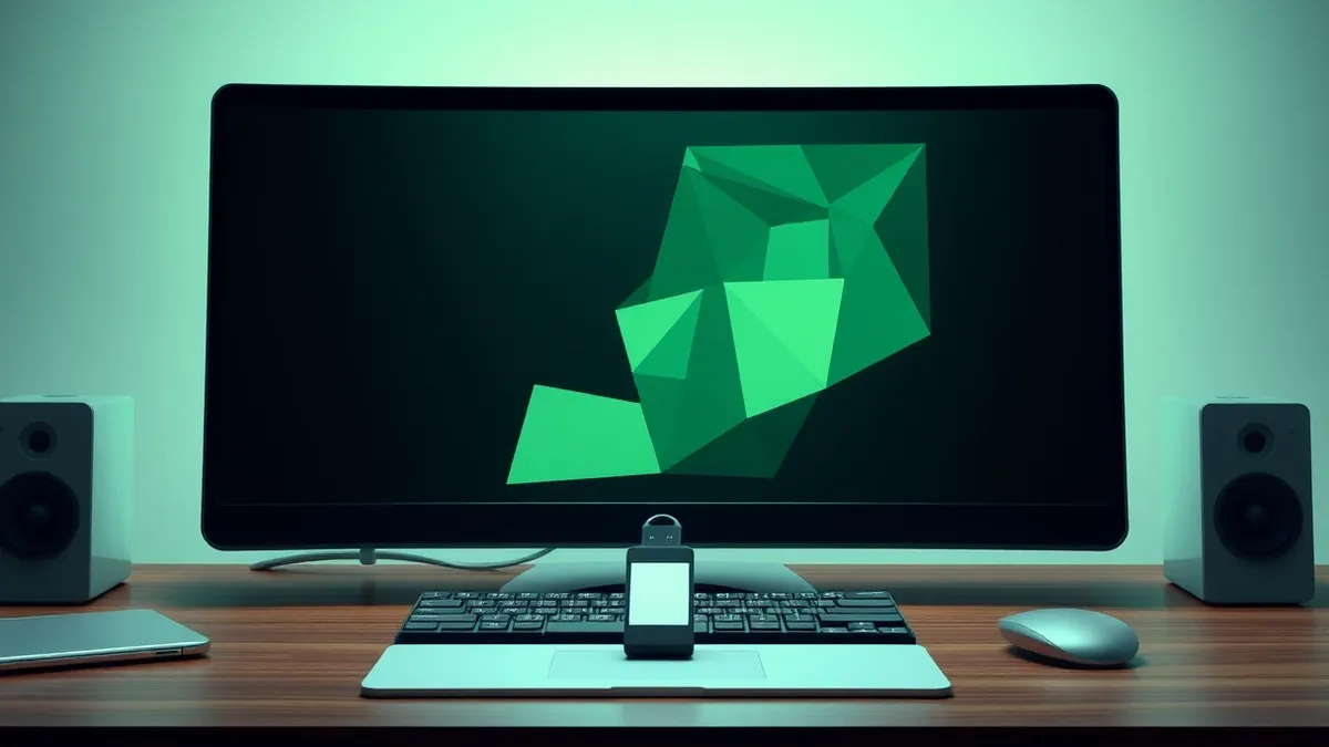 Illustration: A sleek desktop computer sits on a wooden desk with its monitor displaying abstract geometric shapes.
