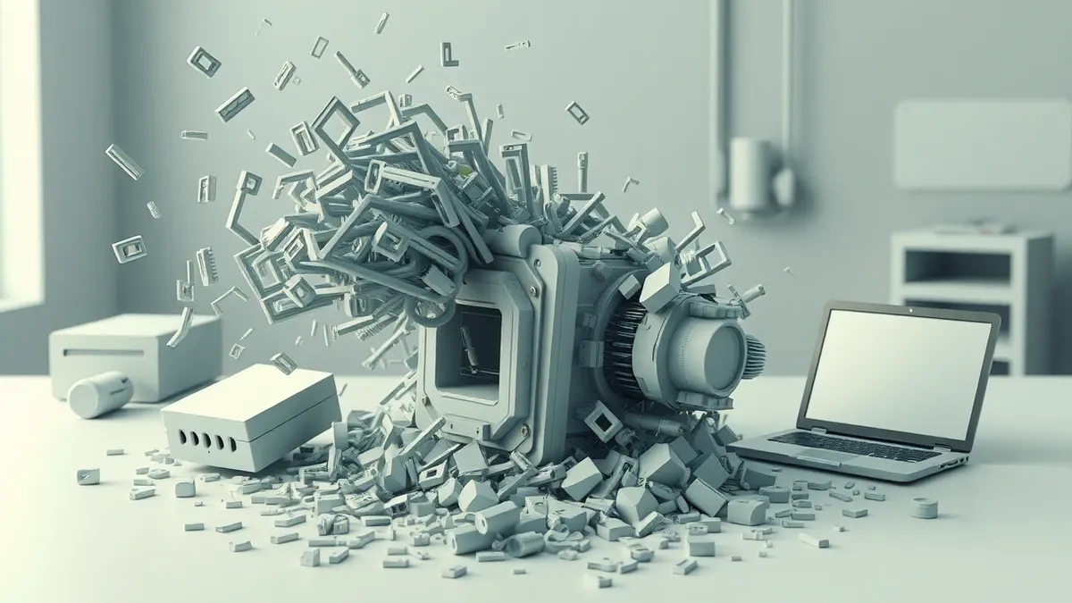 Illustration: A chaotic tangle of nested brackets spills from a cracked software component, overwhelming a fragile processing engine.