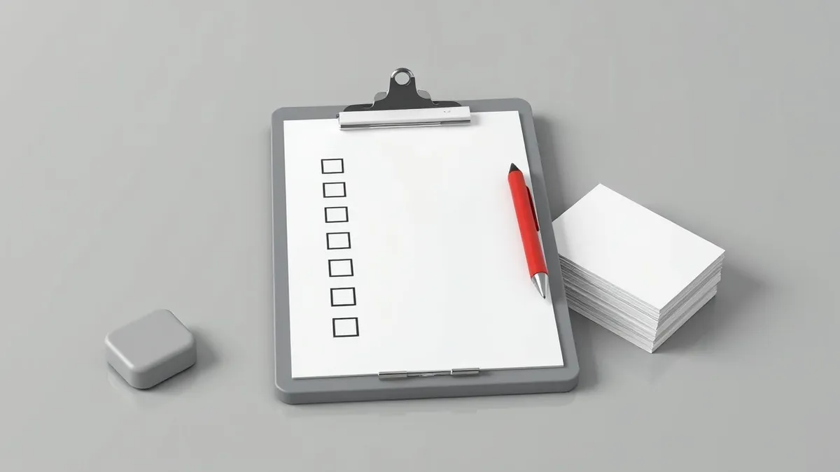 Illustration: A sturdy clipboard rests on a polished desk, holding a blank white sheet with neatly drawn checkboxes.