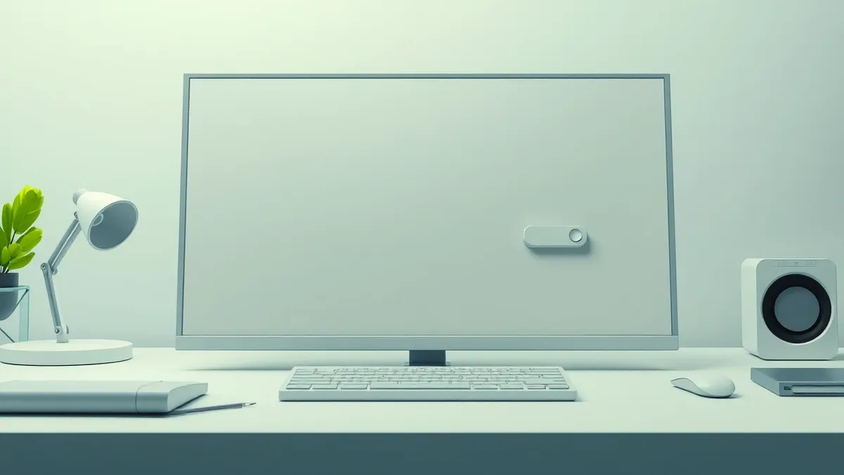 Illustration: A generic software interface window sits open on a clean desk, displaying a simple list of abstract question entries.