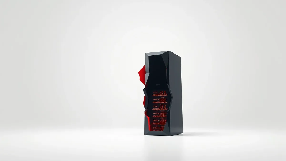 Illustration: A sleek black database server tower stands isolated against a stark white void.