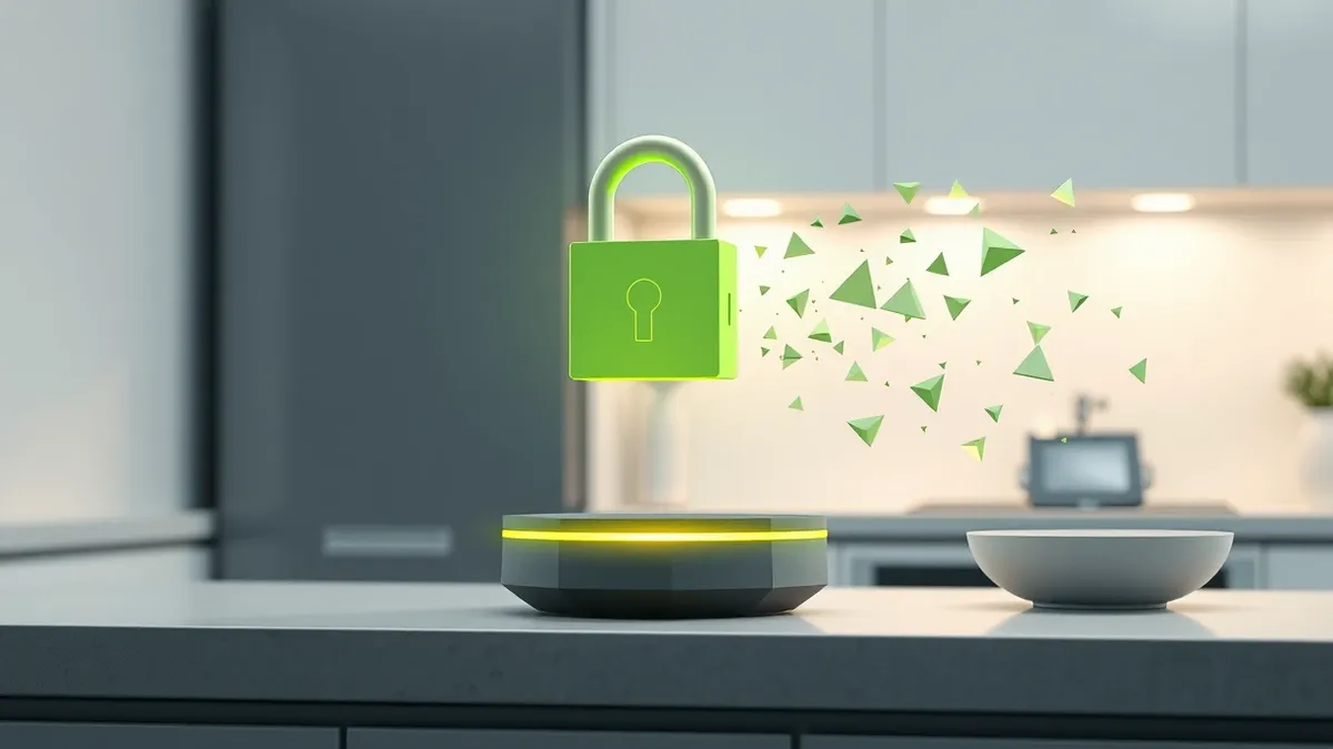 Illustration: A sleek smart home hub sits on a kitchen counter with its indicator light pulsing urgently.