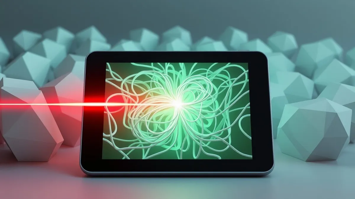 Illustration: A glowing red beam scans a tangled nest of white code lines, passing right through a hidden loose wire connecting two separate circuit nodes.