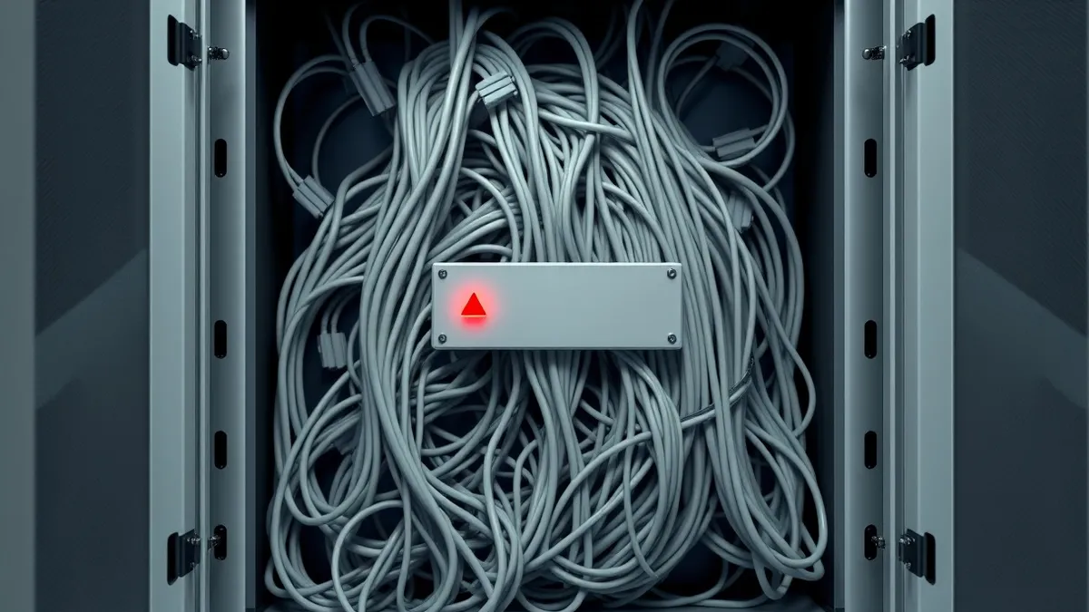 Illustration: A tangled mass of tangled gray cables sits behind an open server cabinet, with loose connectors hanging loosely.