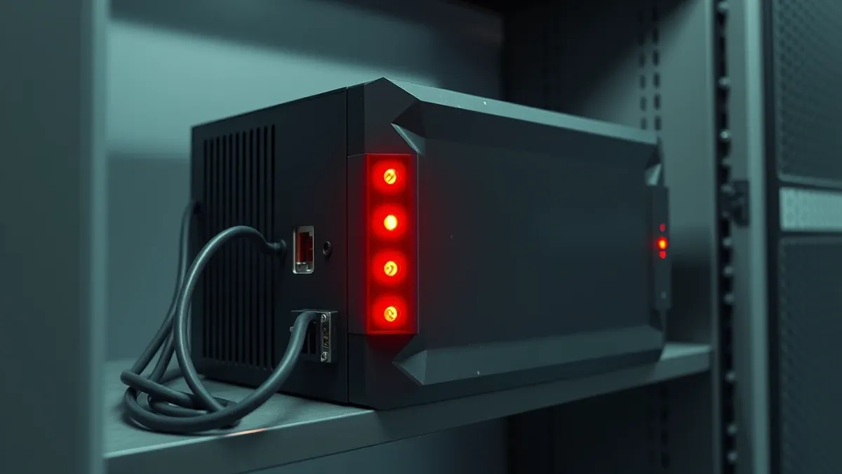 Illustration: A rugged black security appliance sits on a dusty server shelf.