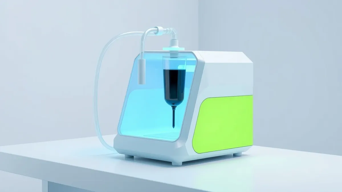 Illustration: A medical device with clear tubing connects to a small arm, filtering dark liquid into a bright, clean stream.