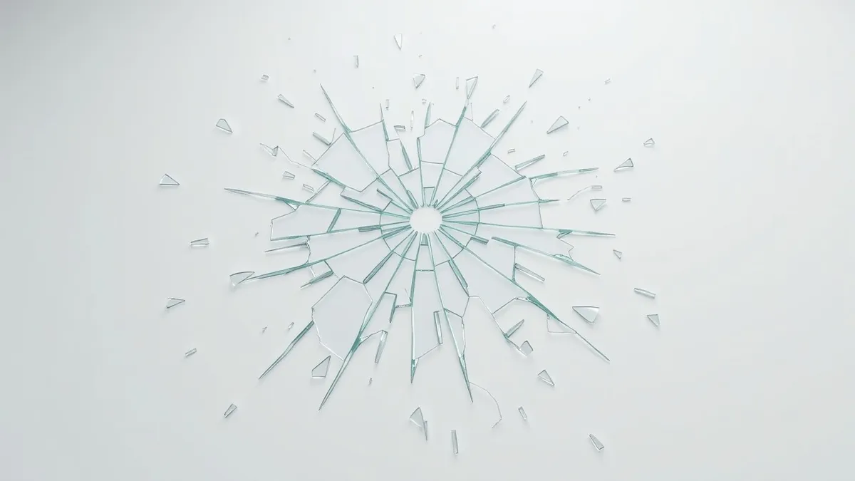 Illustration: A shattered glass pane lies on a sterile white floor, with jagged cracks radiating outward from a single impact point in the center.