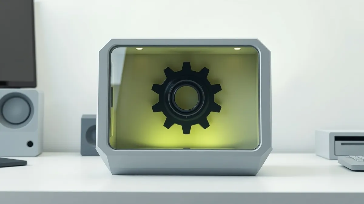 Illustration: A sleek, polished software installation box sits on a clean desk, its surface reflecting soft light.