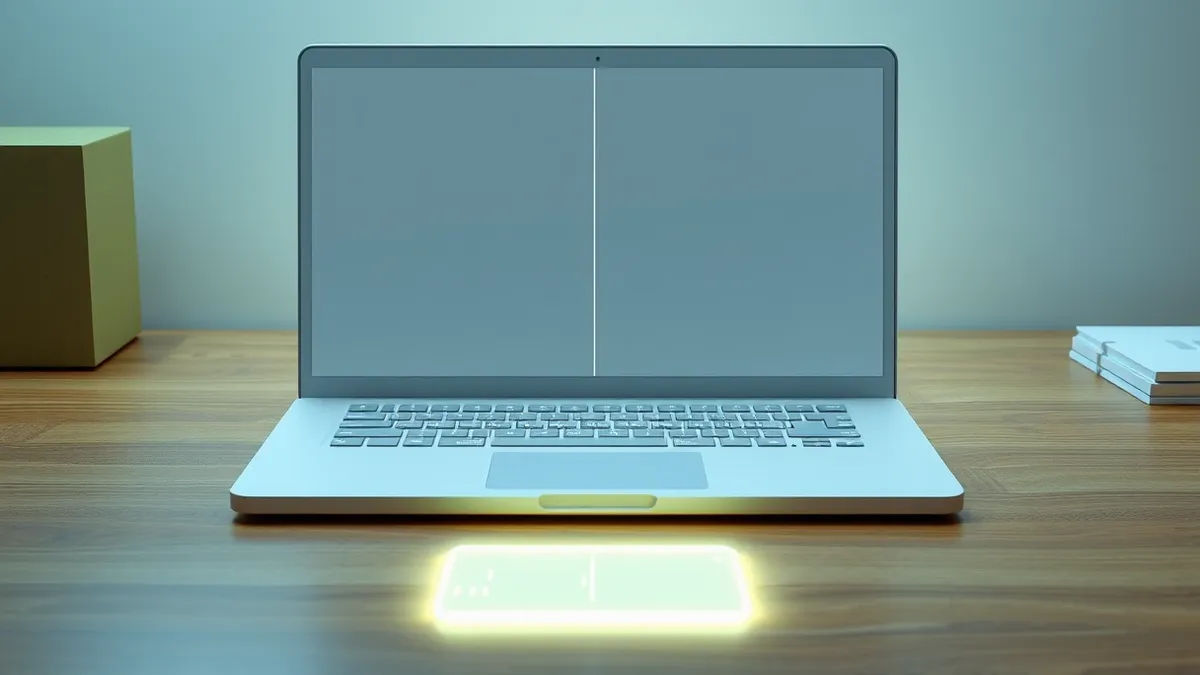 Illustration: A silver laptop sits open on a wooden desk, its blank screen divided vertically by a thin black line to symbolize dual operating systems.