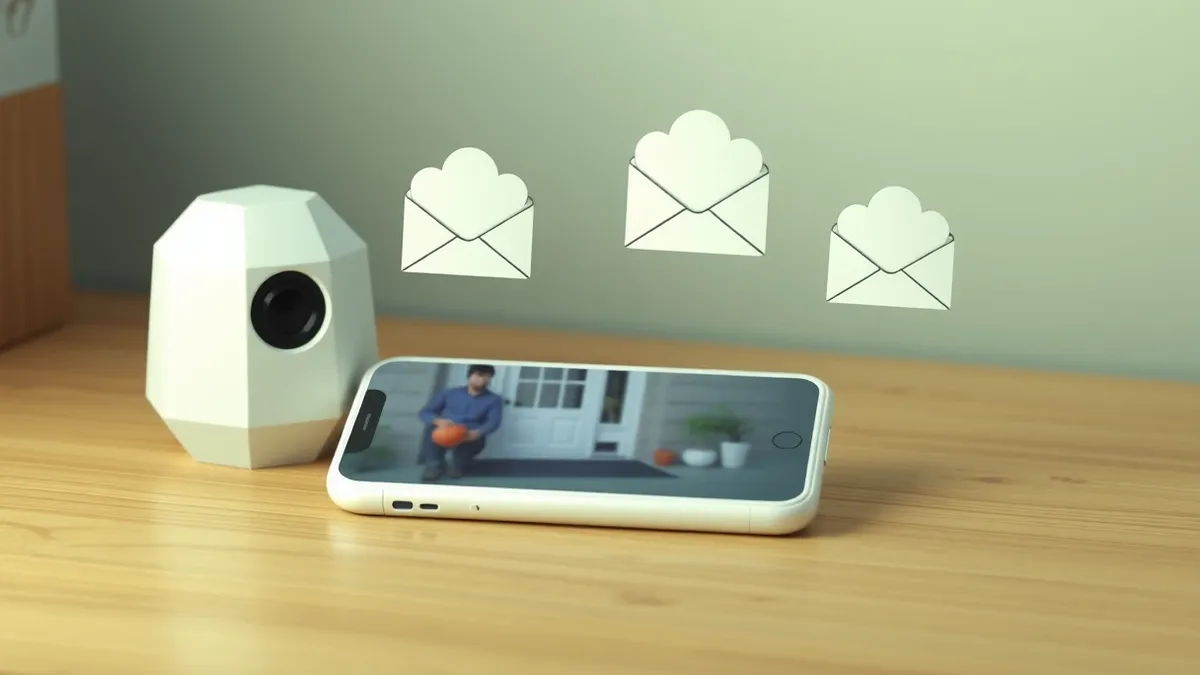 Illustration: A sleek white smartphone rests on a wooden desk beside a compact home security camera.