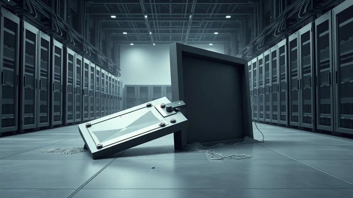 Illustration: A heavy metal door lies twisted on the concrete floor of a massive warehouse.