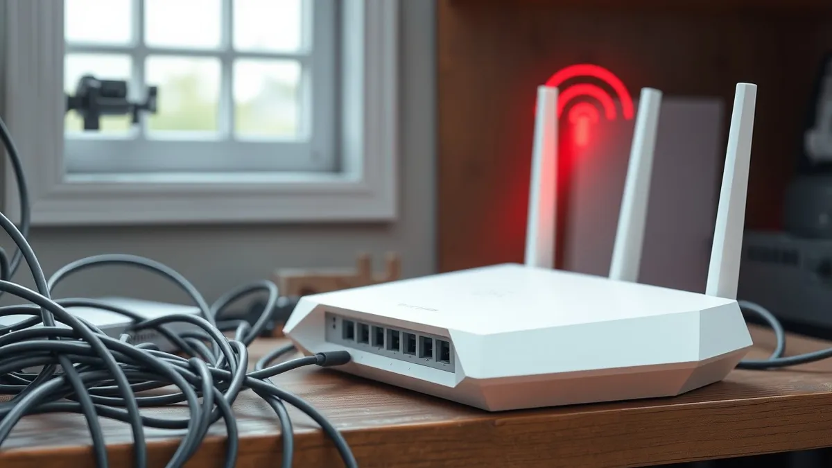 Illustration: A white home router sits on a cluttered wooden shelf surrounded by tangled cables and dust.