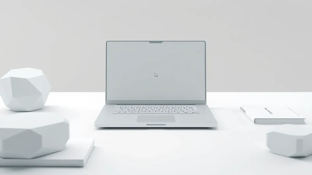 Illustration: A sleek silver laptop sits on a clean white desk, its screen displaying a single open terminal window with a blank command prompt and a blinking cursor, suggesting a 