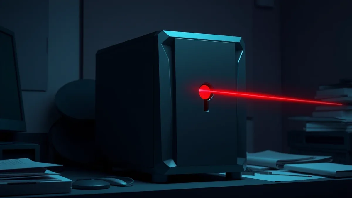 Illustration: A sleek black network storage unit sits on a cluttered desk.