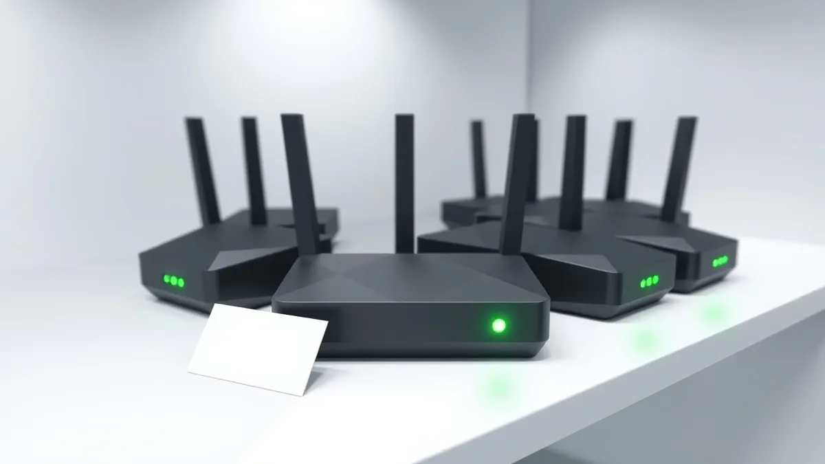 Illustration: A row of identical black network routers sits on a plain white shelf.