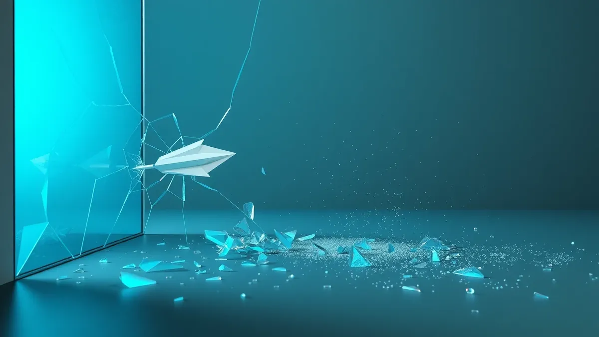 Illustration: A single white arrow strikes a cracked glass window, shattering the pane into jagged fragments.
