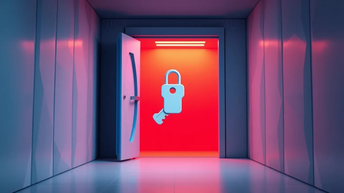 Illustration: A cracked blue server door stands open in a sterile corridor, revealing a glowing red void behind it.