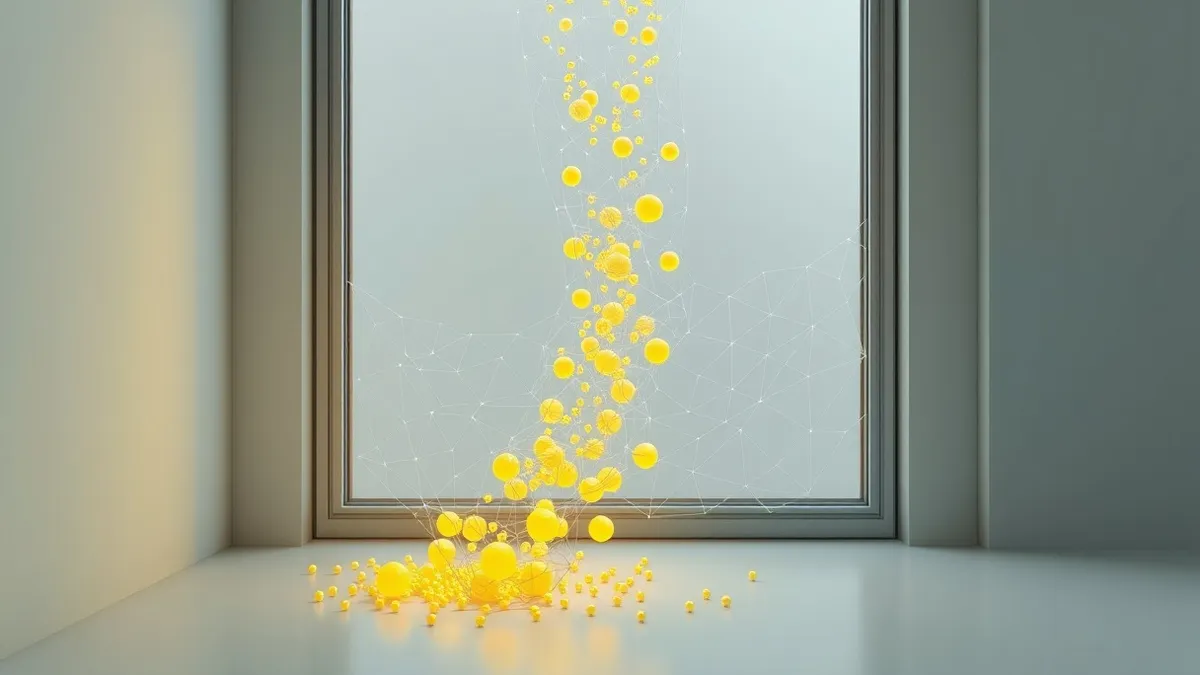 Illustration: A transparent wireframe mesh gently traps a stream of glowing golden particles flowing out of a building window.