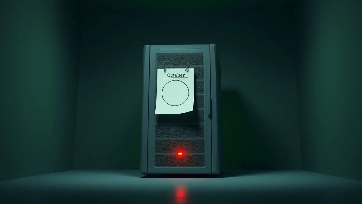 Illustration: A solitary server rack sits in a dim room with a single red warning light pulsing on its front panel.