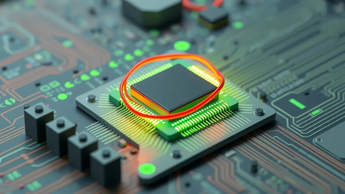 Illustration: A stylized computer memory chip sits on a circuit board.