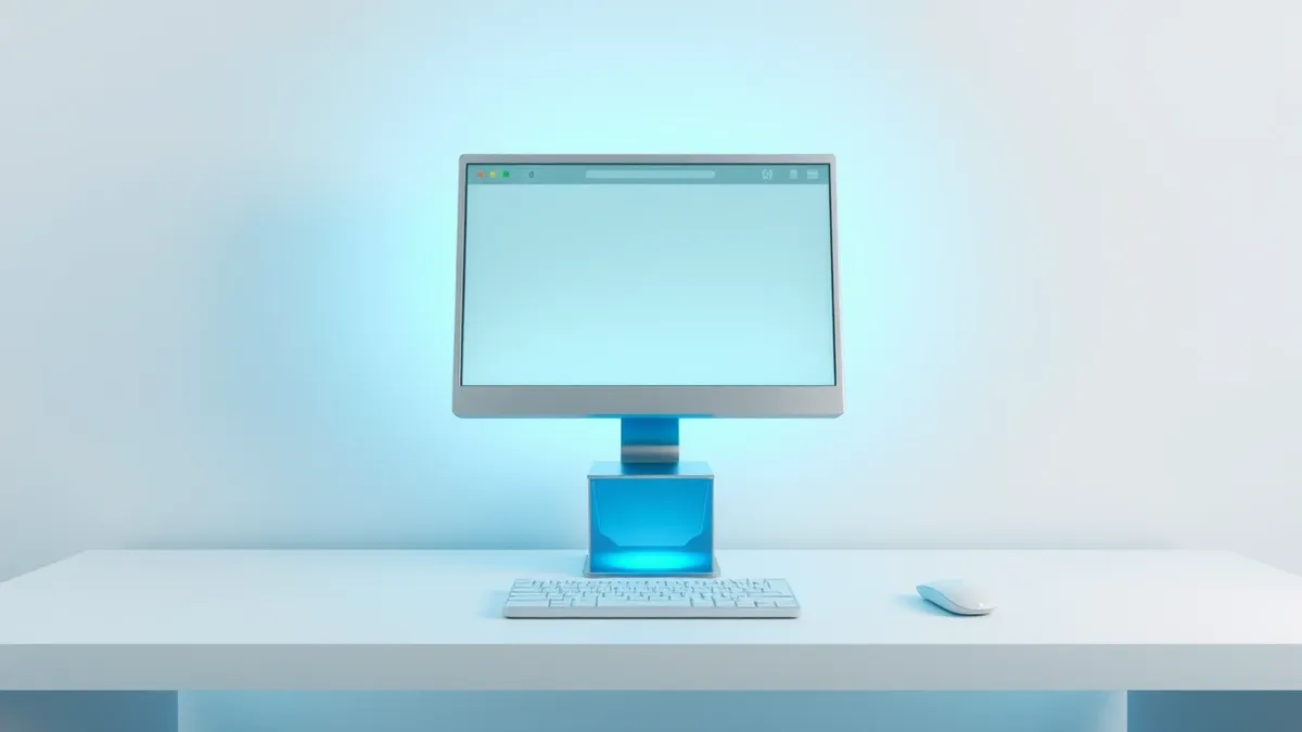 Illustration: A sleek silver desktop computer sits on a clean white desk.