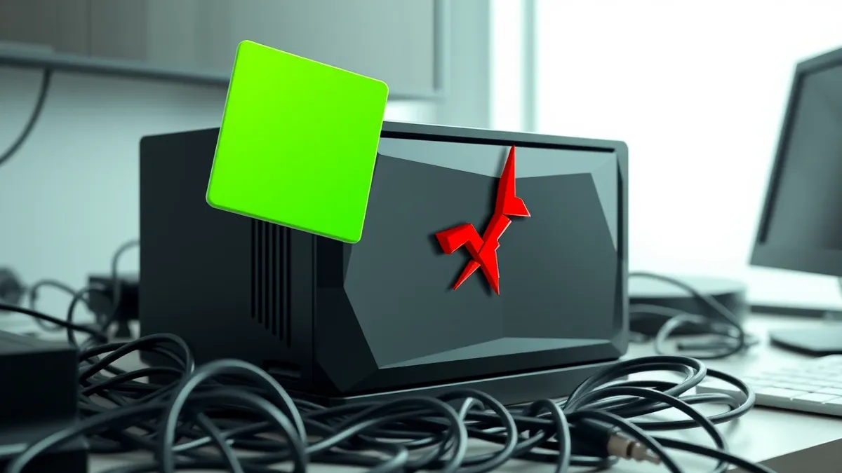 Illustration: A sleek black server box sits on a cluttered desk with tangled cables.