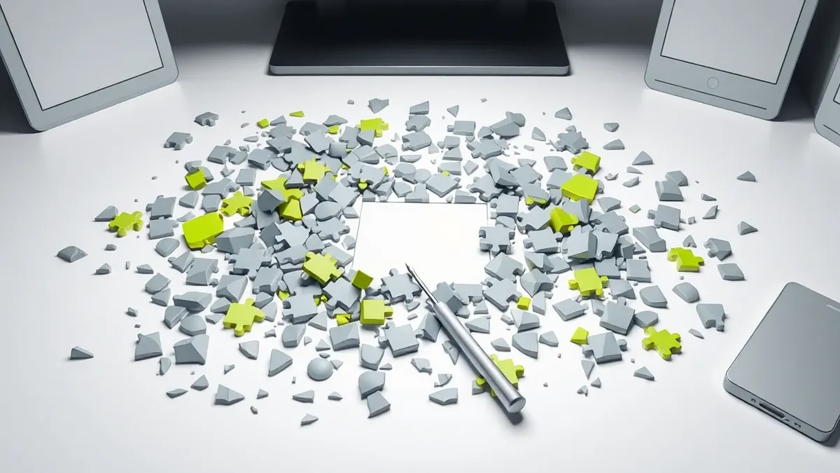 Illustration: A scattered pile of broken plastic puzzle pieces lies on a clean white desk.