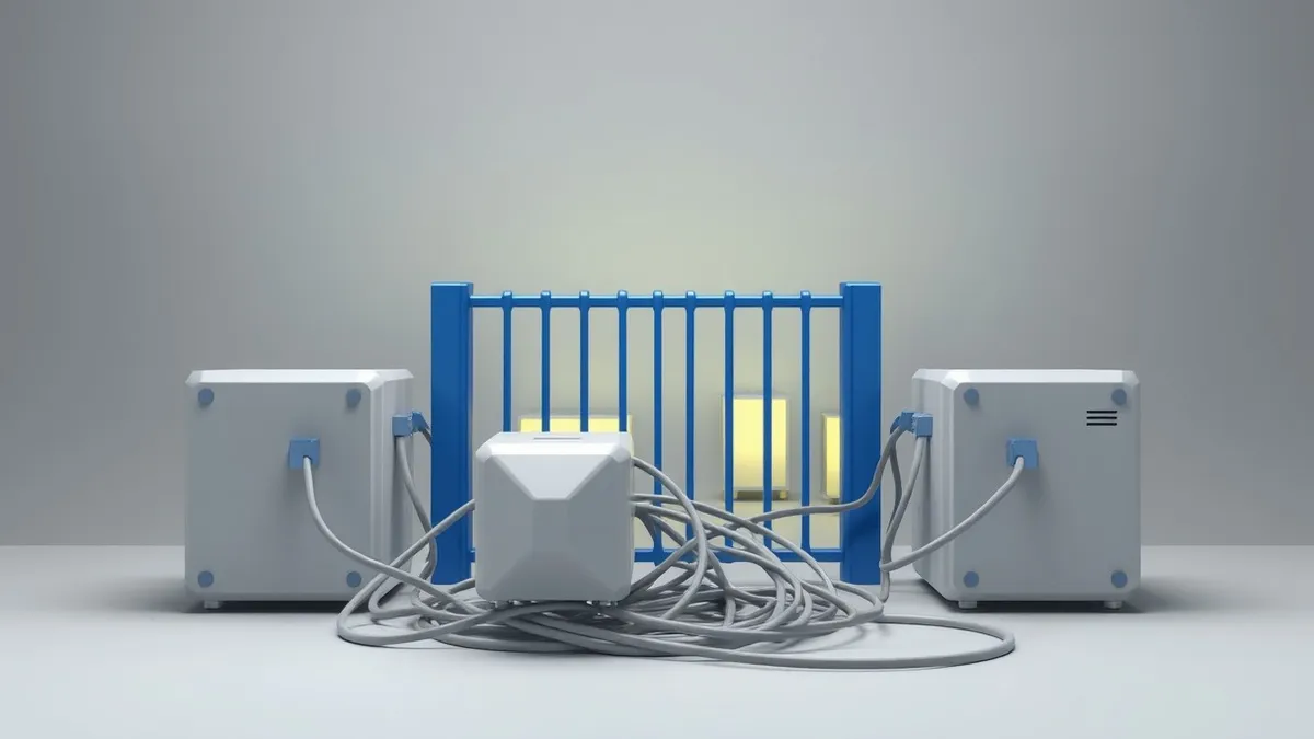 Illustration: A tangled knot of grey wires connects several unmarked cloud storage boxes to a central server, bypassing a sturdy blue firewall gate.