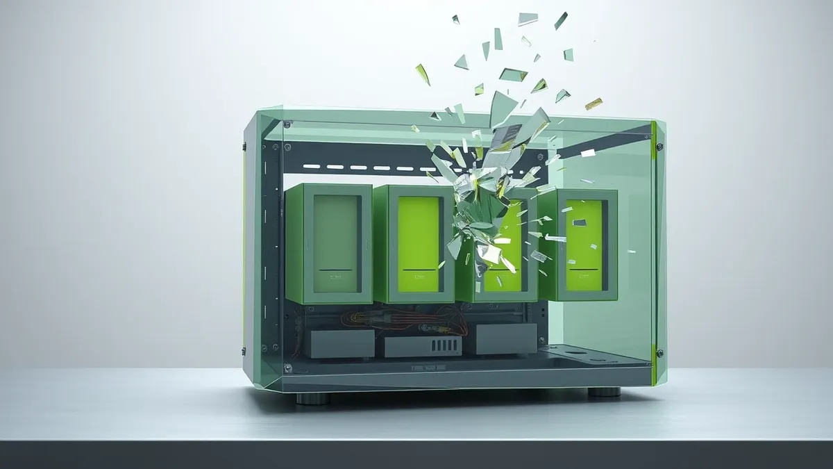 Illustration: A translucent server chassis sits on a sterile metal table, its internal structure exposed to reveal distinct, isolated rectangular compartments representing virtual