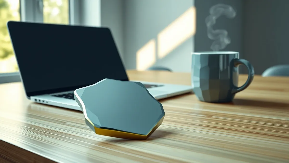 Illustration: A sleek metal security badge rests on a polished wooden desk next to a closed laptop and a steaming coffee mug.