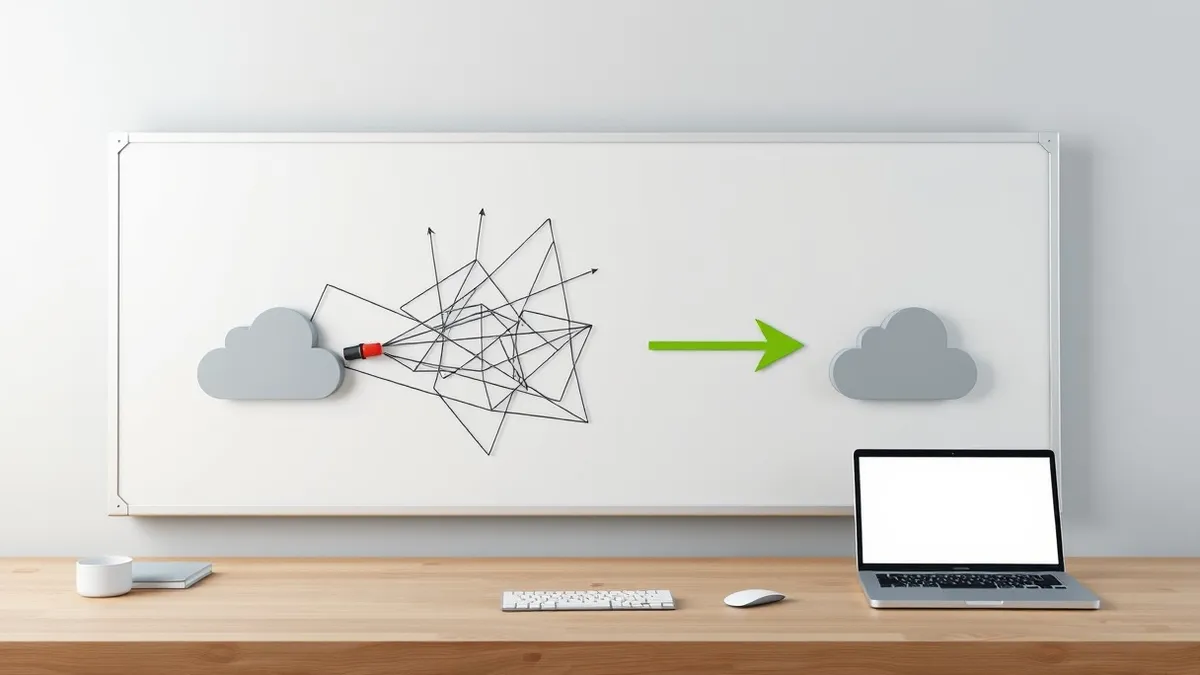 Illustration: A whiteboard displays a complex, tangled web of black lines connecting three blank cloud icons.