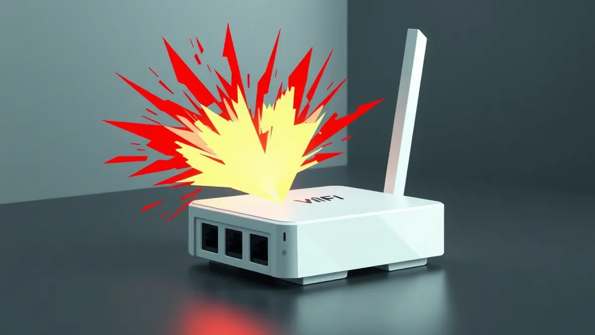Illustration: A white consumer Wi-Fi router sits on a dark surface with its antenna angled upward.