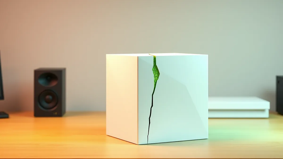 Illustration: A white software box sits on a wooden desk, its smooth surface reflecting overhead light.