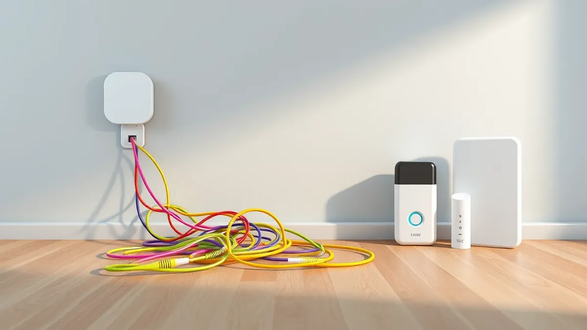 Illustration: A tangled nest of colorful ethernet cables spills from a small wall-mounted access point onto a wooden floor.