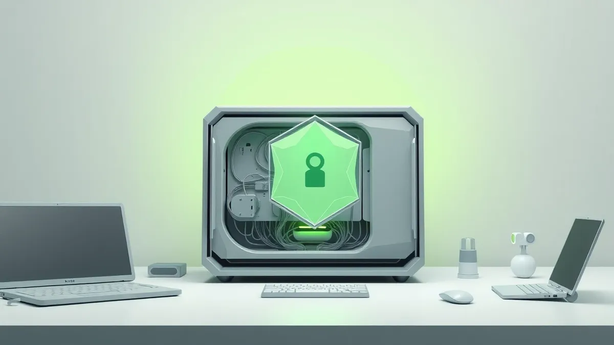 Illustration: A sleek, minimalist artificial intelligence server sits isolated on a clean desk.