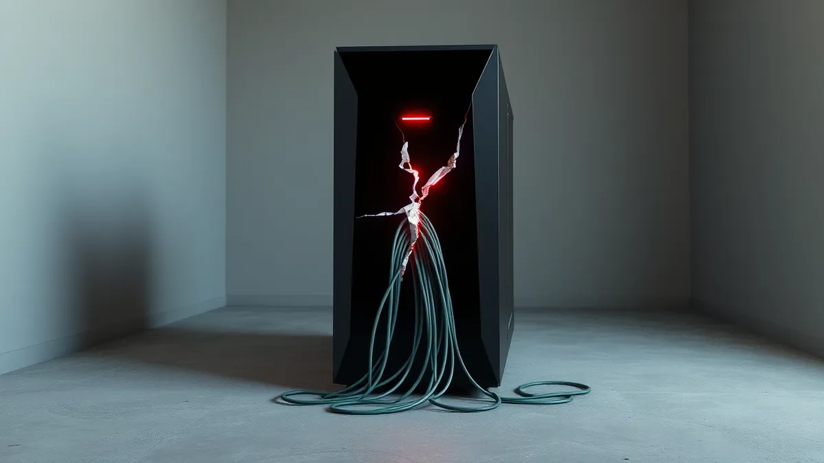 Illustration: A sleek black server tower sits on a dusty concrete floor, its front panel glowing with red warning lights.