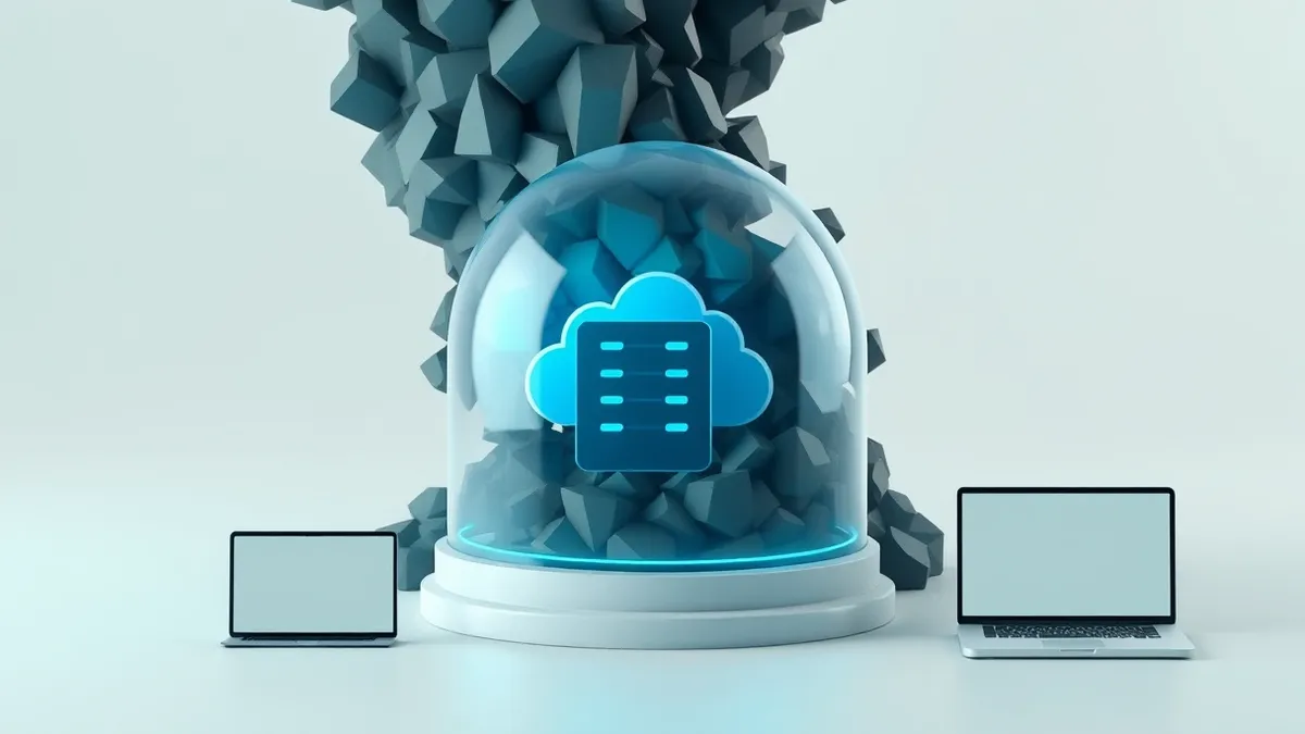 Illustration: A single cloud server icon sits inside a transparent glass dome that stops a thick, chaotic wave of dark energy from reaching it.